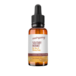 Eyedropper-top tincture bottle containing 1 fluid ounce (30 milliliters) of Solitary Hermit (Du Huo Ji Sheng Tang) by root + spring.