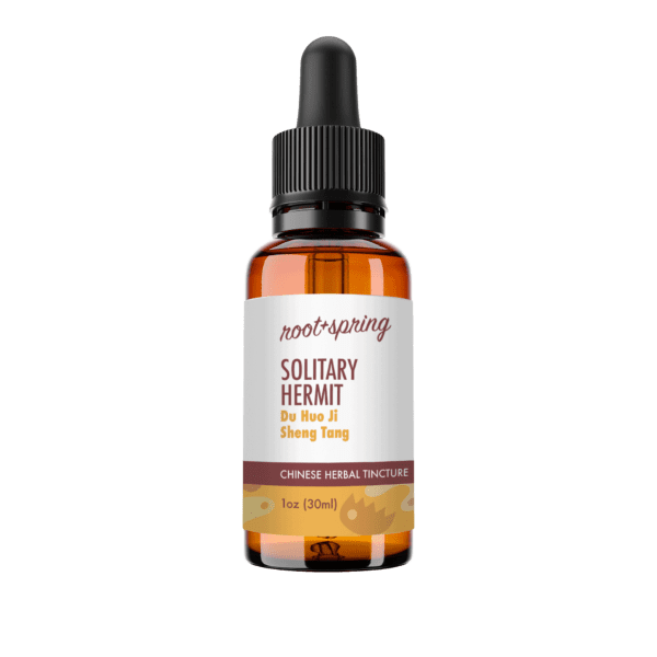 Eyedropper-top tincture bottle containing 1 fluid ounce (30 milliliters) of Solitary Hermit (Du Huo Ji Sheng Tang) by root + spring.