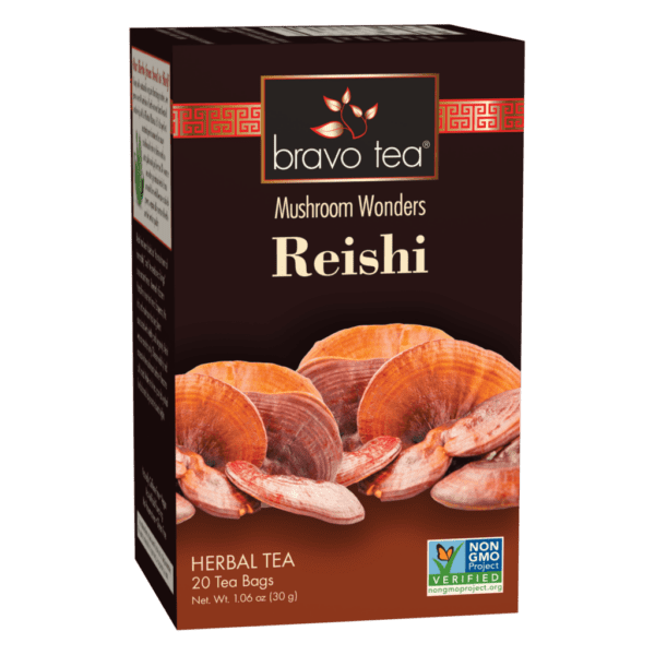 reishi tea by Bravo, twenty teabags, thiry grams net weight