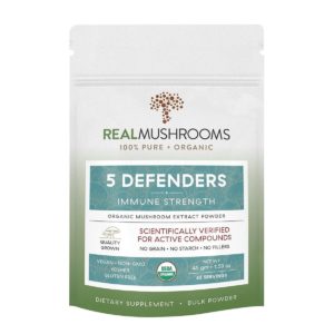 Resealable pouch of 45 servings immune strength organic extract powder, scientifically verified for active compounds. No grain, no starch, no fillers. Net weight 45 grams or 1.59 ounces. USDA organic.