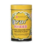 Bright yellow can containing one long roll of medicated plaster, 3.9 inches wide by 157 inches long, by solstice medicine company. Text is written in chinese and english.