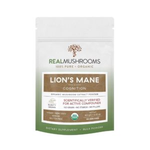 Resealable pouch of 60 servings of lion's mane cognition organic extract powder, scientifically verified for active compounds. Net weight 60 grams or 2.12 ounces.
