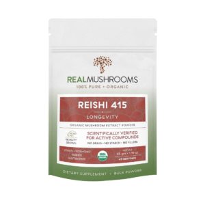 Resealable pouch of 45 servings of reishi 415 longevity organic extract powder, scientifically verified for active compounds. Net weight 45 grams, or 1.59 ounces.