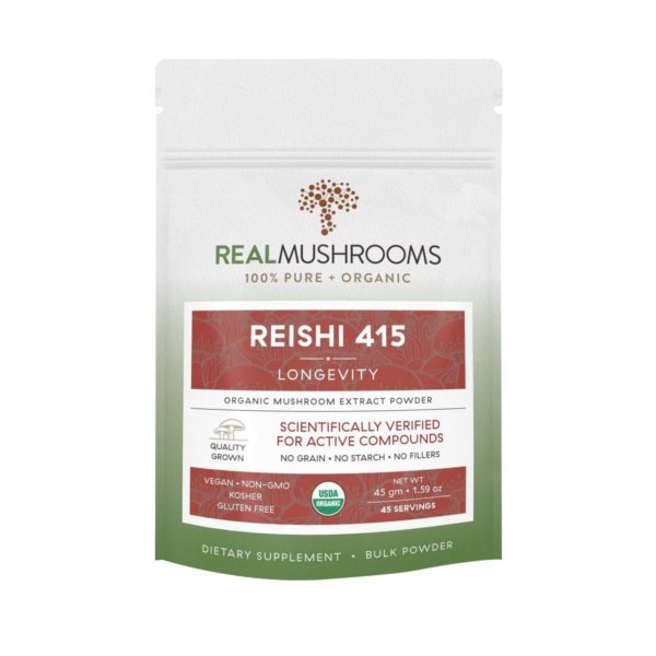 Resealable pouch of 45 servings of reishi 415 longevity organic extract powder, scientifically verified for active compounds. Net weight 45 grams, or 1.59 ounces.